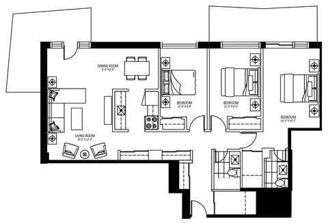 Floor plan for 3 beds, 1.5 baths, 1185 sqft